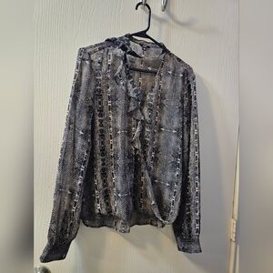 Guess Black and Tan Snake Patterned Blouse Sz M Sheer And Ruffle Accent